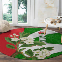 Oman Round Carpet with White Blossom Floral Design and National Flag Colors