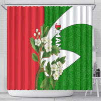 Oman Shower Curtain with White Blossom Floral Design and National Flag Colors