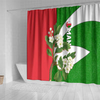 Oman Shower Curtain with White Blossom Floral Design and National Flag Colors