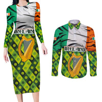 Ireland Couples Matching Long Sleeve Bodycon Dress and Long Sleeve Button Shirt with Irish Flag Harp and Shamrock Pattern Design