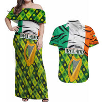 Ireland Couples Matching Off Shoulder Maxi Dress and Hawaiian Shirt with Irish Flag Harp and Shamrock Pattern Design