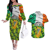 Ireland Couples Matching Off The Shoulder Long Sleeve Dress and Hawaiian Shirt with Irish Flag Harp and Shamrock Pattern Design