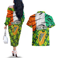 Ireland Couples Matching Off The Shoulder Long Sleeve Dress and Hawaiian Shirt with Irish Flag Harp and Shamrock Pattern Design