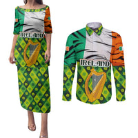 Ireland Couples Matching Puletasi and Long Sleeve Button Shirt with Irish Flag Harp and Shamrock Pattern Design
