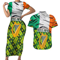 Ireland Couples Matching Short Sleeve Bodycon Dress and Hawaiian Shirt with Irish Flag Harp and Shamrock Pattern Design