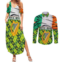 Ireland Couples Matching Summer Maxi Dress and Long Sleeve Button Shirt with Irish Flag Harp and Shamrock Pattern Design