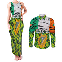 Ireland Couples Matching Tank Maxi Dress and Long Sleeve Button Shirt with Irish Flag Harp and Shamrock Pattern Design