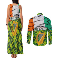 Ireland Couples Matching Tank Maxi Dress and Long Sleeve Button Shirt with Irish Flag Harp and Shamrock Pattern Design