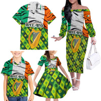 Ireland Family Matching Off The Shoulder Long Sleeve Dress and Hawaiian Shirt with Irish Flag Harp and Shamrock Pattern Design