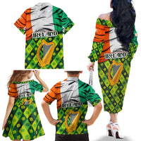 Ireland Family Matching Off The Shoulder Long Sleeve Dress and Hawaiian Shirt with Irish Flag Harp and Shamrock Pattern Design
