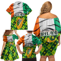 Ireland Family Matching Off Shoulder Short Dress and Hawaiian Shirt with Irish Flag Harp and Shamrock Pattern Design