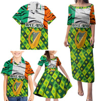 Ireland Family Matching Puletasi and Hawaiian Shirt with Irish Flag Harp and Shamrock Pattern Design