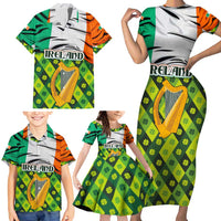 Ireland Family Matching Short Sleeve Bodycon Dress and Hawaiian Shirt with Irish Flag Harp and Shamrock Pattern Design