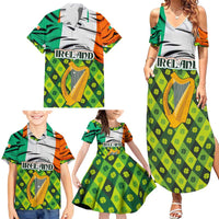 Ireland Family Matching Summer Maxi Dress and Hawaiian Shirt with Irish Flag Harp and Shamrock Pattern Design