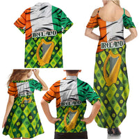 Ireland Family Matching Summer Maxi Dress and Hawaiian Shirt with Irish Flag Harp and Shamrock Pattern Design