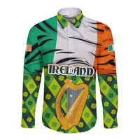 Ireland Long Sleeve Button Shirt with Irish Flag Harp and Shamrock Pattern Design
