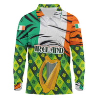 Ireland Long Sleeve Polo Shirt with Irish Flag Harp and Shamrock Pattern Design