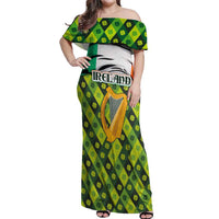 Ireland Off Shoulder Maxi Dress with Irish Flag Harp and Shamrock Pattern Design