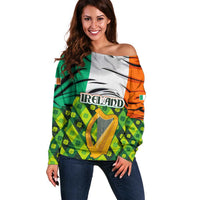 Ireland Off Shoulder Sweater with Irish Flag Harp and Shamrock Pattern Design