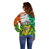 Ireland Off Shoulder Sweater with Irish Flag Harp and Shamrock Pattern Design