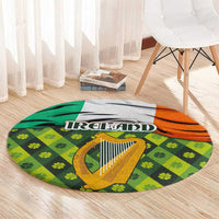Ireland Round Carpet with Irish Flag Harp and Shamrock Pattern Design