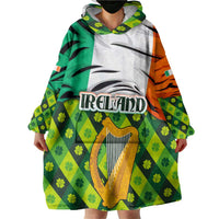 Ireland Wearable Blanket Hoodie with Irish Flag Harp and Shamrock Pattern Design