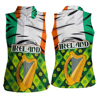 Ireland Women Sleeveless Polo Shirt with Irish Flag Harp and Shamrock Pattern Design