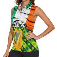 Ireland Women Sleeveless Polo Shirt with Irish Flag Harp and Shamrock Pattern Design
