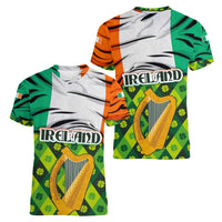 Ireland Women V-Neck T-Shirt with Irish Flag Harp and Shamrock Pattern Design