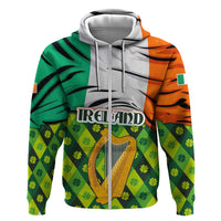 Ireland Zip Hoodie with Irish Flag Harp and Shamrock Pattern Design