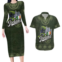 Celtic Ireland Couples Matching Long Sleeve Bodycon Dress and Hawaiian Shirt with Irish Flag Castle and Knotwork Design