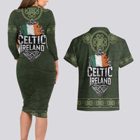 Celtic Ireland Couples Matching Long Sleeve Bodycon Dress and Hawaiian Shirt with Irish Flag Castle and Knotwork Design