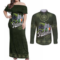 Celtic Ireland Couples Matching Off Shoulder Maxi Dress and Long Sleeve Button Shirt with Irish Flag Castle and Knotwork Design
