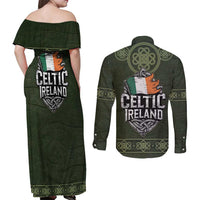 Celtic Ireland Couples Matching Off Shoulder Maxi Dress and Long Sleeve Button Shirt with Irish Flag Castle and Knotwork Design