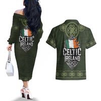 Celtic Ireland Couples Matching Off The Shoulder Long Sleeve Dress and Hawaiian Shirt with Irish Flag Castle and Knotwork Design