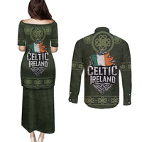 Celtic Ireland Couples Matching Puletasi and Long Sleeve Button Shirt with Irish Flag Castle and Knotwork Design