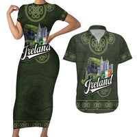 Celtic Ireland Couples Matching Short Sleeve Bodycon Dress and Hawaiian Shirt with Irish Flag Castle and Knotwork Design