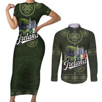 Celtic Ireland Couples Matching Short Sleeve Bodycon Dress and Long Sleeve Button Shirt with Irish Flag Castle and Knotwork Design