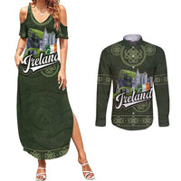 Celtic Ireland Couples Matching Summer Maxi Dress and Long Sleeve Button Shirt with Irish Flag Castle and Knotwork Design
