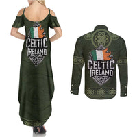 Celtic Ireland Couples Matching Summer Maxi Dress and Long Sleeve Button Shirt with Irish Flag Castle and Knotwork Design
