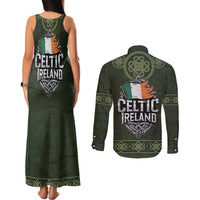 Celtic Ireland Couples Matching Tank Maxi Dress and Long Sleeve Button Shirt with Irish Flag Castle and Knotwork Design