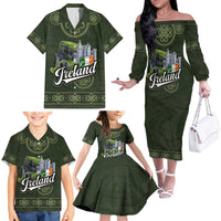 Celtic Ireland Family Matching Off The Shoulder Long Sleeve Dress and Hawaiian Shirt with Irish Flag Castle and Knotwork Design