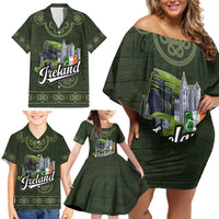 Celtic Ireland Family Matching Off Shoulder Short Dress and Hawaiian Shirt with Irish Flag Castle and Knotwork Design