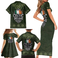 Celtic Ireland Family Matching Short Sleeve Bodycon Dress and Hawaiian Shirt with Irish Flag Castle and Knotwork Design
