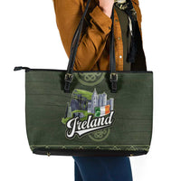 Celtic Ireland Leather Tote Bag with Irish Flag Castle and Knotwork Design
