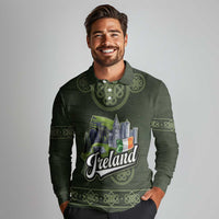 Celtic Ireland Long Sleeve Polo Shirt with Irish Flag Castle and Knotwork Design