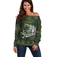 Celtic Ireland Off Shoulder Sweater with Irish Flag Castle and Knotwork Design