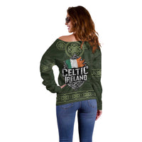 Celtic Ireland Off Shoulder Sweater with Irish Flag Castle and Knotwork Design