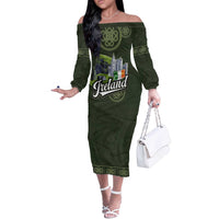 Celtic Ireland Off The Shoulder Long Sleeve Dress with Irish Flag Castle and Knotwork Design
