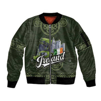 Celtic Ireland Sleeve Zip Bomber Jacket with Irish Flag Castle and Knotwork Design